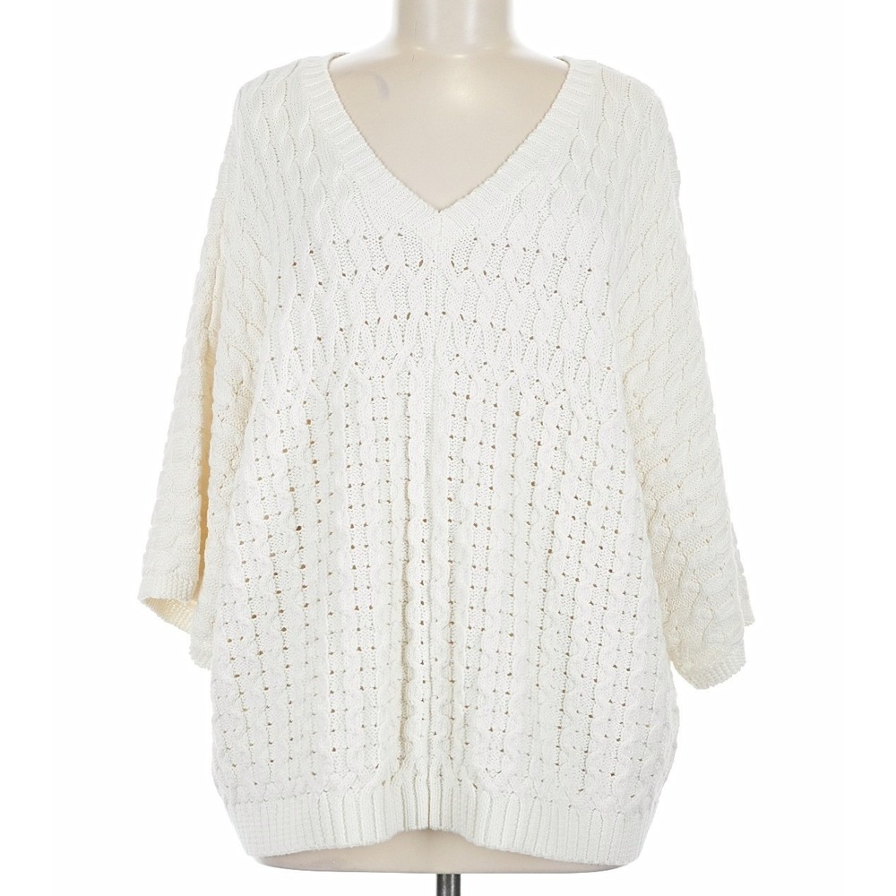Cabi Sweater Womens Medium Ivory Cable Knit V Neck 3/4 Sleeve Pullover Relaxed